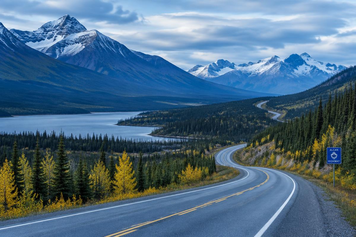 The Alaska Highway winding through boreal forest and mountains in autumn