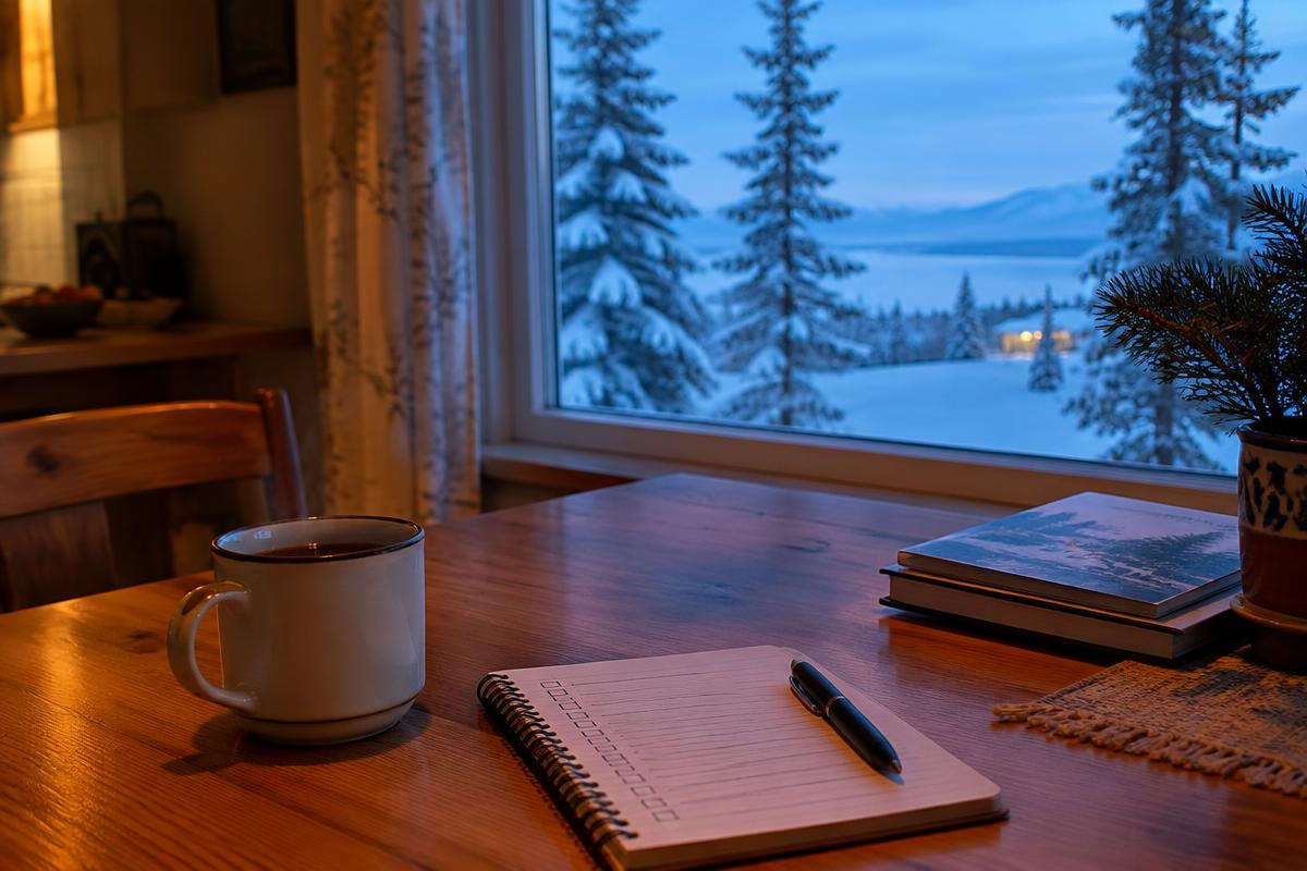 A moving checklist notebook and coffee on a kitchen table, snowy spruce outside the window