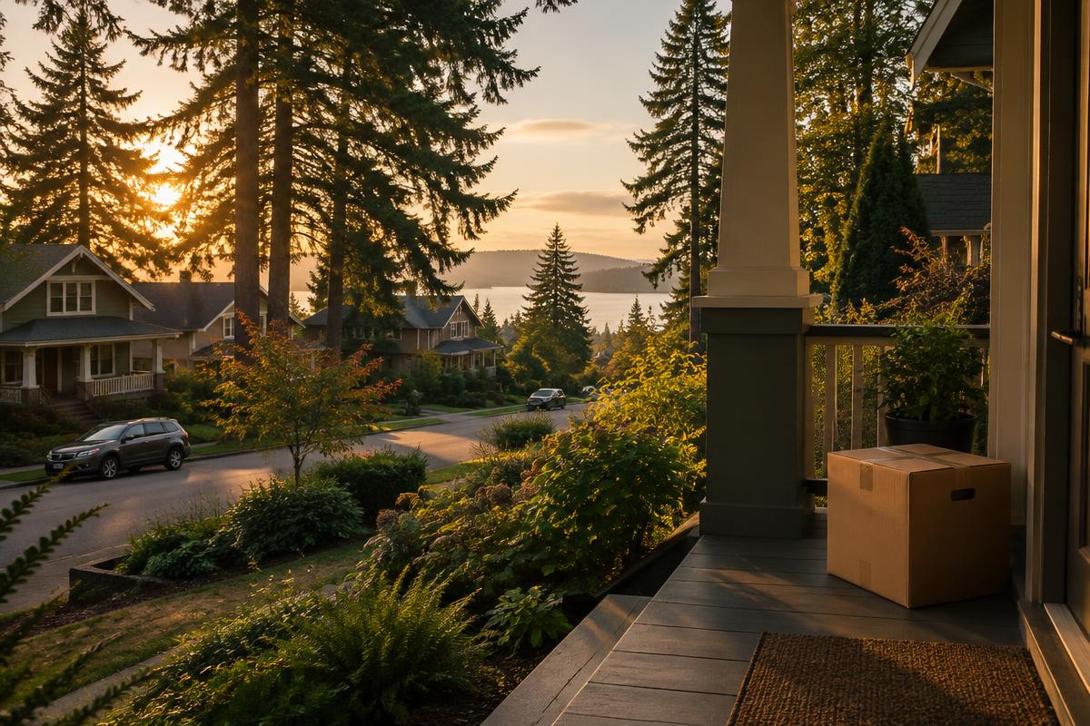 A Pacific Northwest street of craftsman houses at sunset, a moving box on the porch