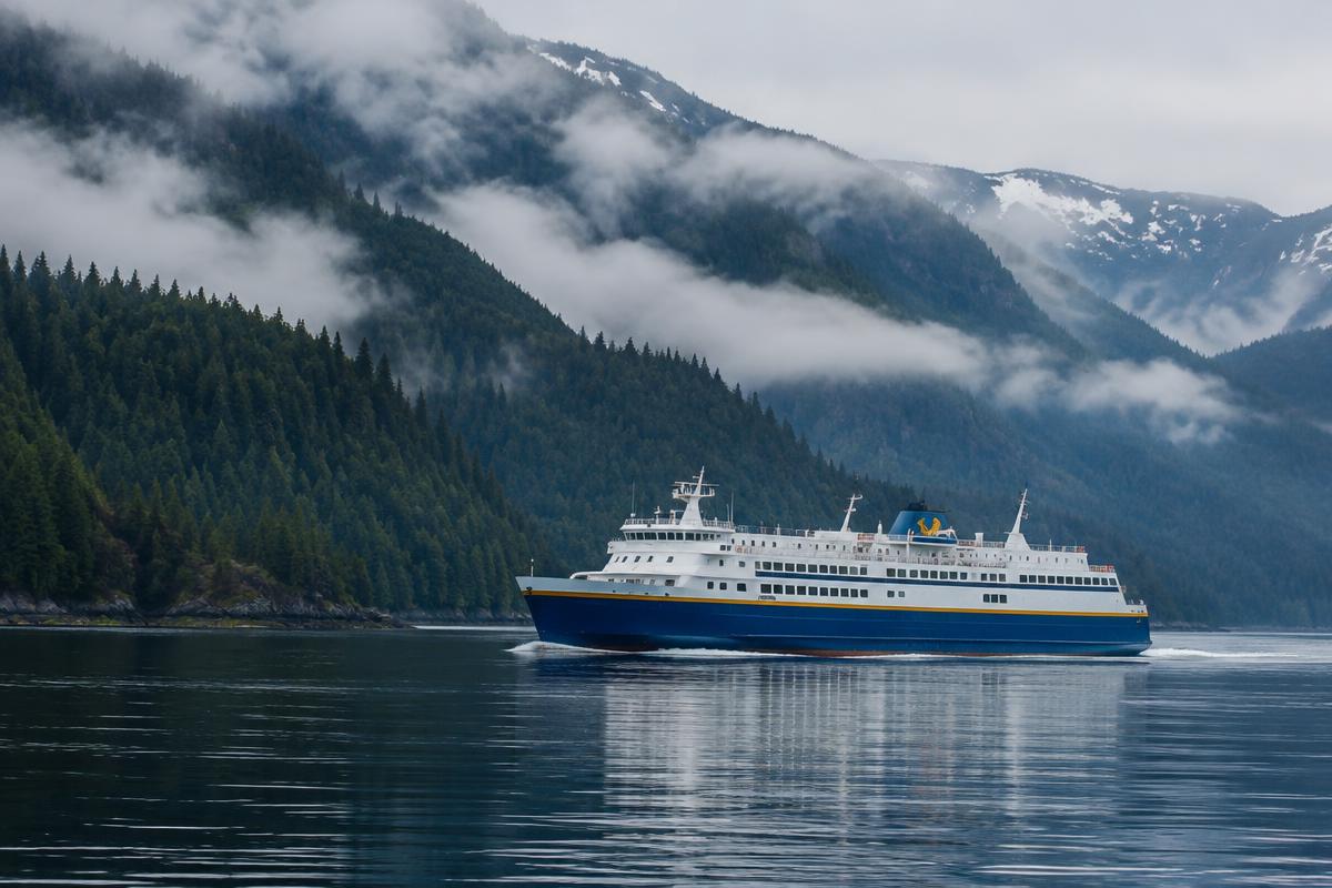 A blue-hulled ferry crossing a misty fjord in Southeast Alaska